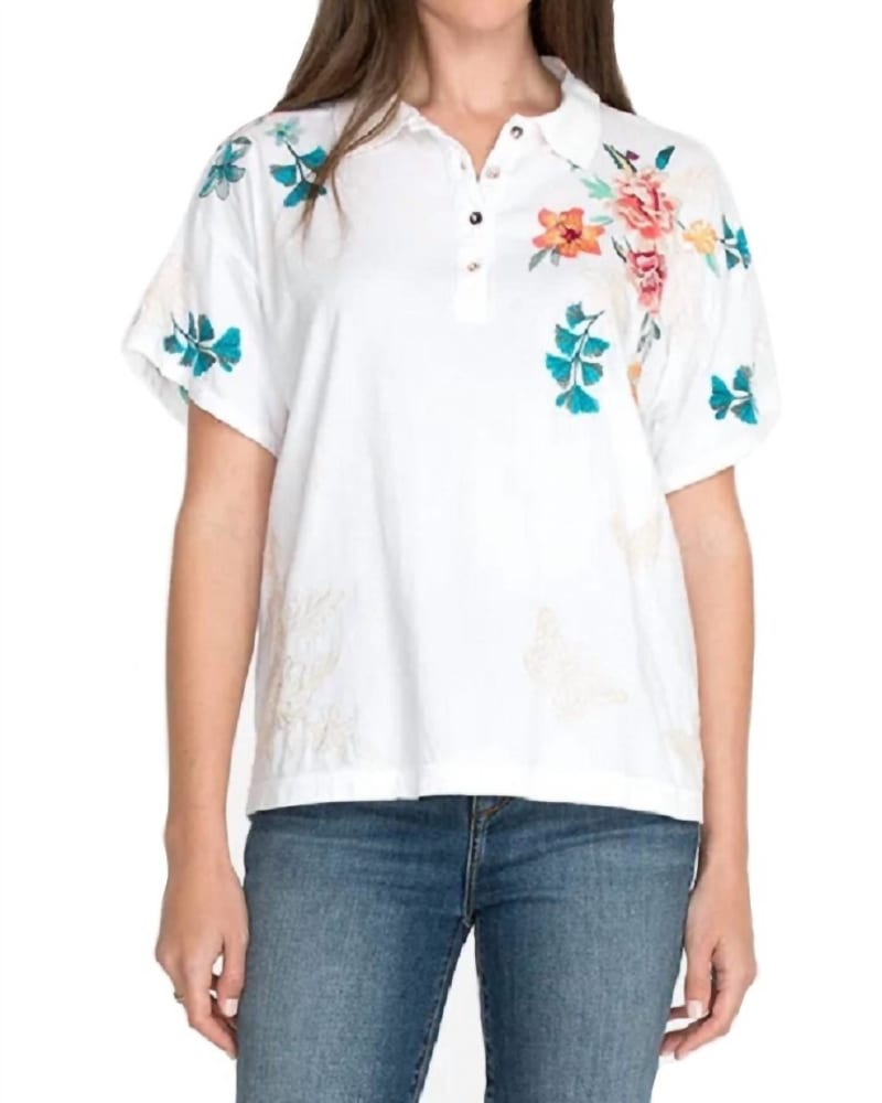 Front of a model wearing a size XL Lorne Polo Tee in White in White by Johnny Was. | dia_product_style_image_id:336667